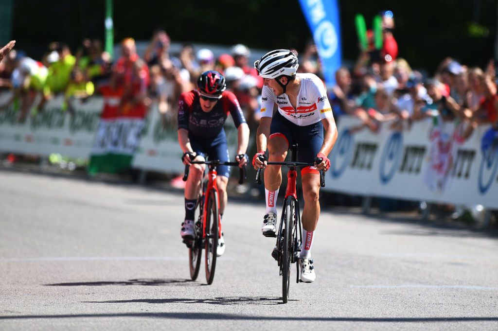 GYNGYSKKESTET HUNGARY MAY 15 LR Eddie Dunbar of Ireland and Team INEOS Grenadiers and Antonio Tiberi of Italy and Trek Segafredo sprint to win during the 43rd Tour de Hongrie 2022 Stage 5 a 184km stage from Miskolc to GyngysKkestet 992m tourdehongrie on May 15 2022 in GyngysKkestet Hungary Photo by Dario BelingheriGetty Images