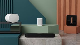 A selection of Sonos speakers in a room.