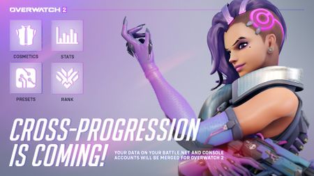 Overwatch 2 cross progression account merging graphic from Blizzard featuring Sombra