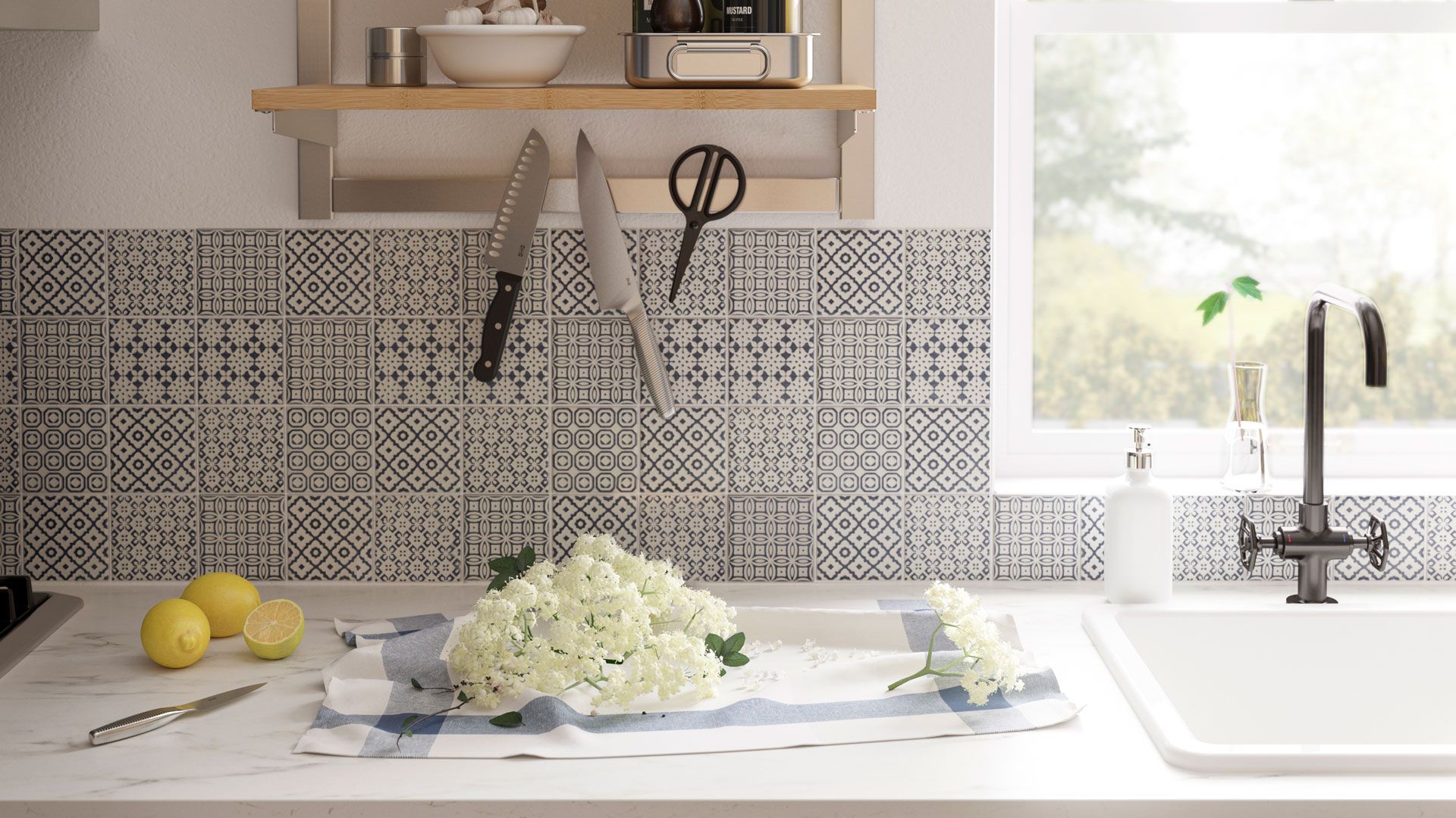 Organizing kitchen countertops with smart magnetic shelving for storing utensils and knives