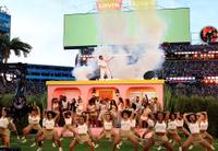 SANTA CLARA, CALIFORNIA - FEBRUARY 08: Bad Bunny performs onstage during the Apple Music Super Bowl LX Halftime Show at Levi's Stadium on February 08, 2026 in Santa Clara, California. (Photo by Kevin Mazur/Getty Images for Roc Nation)