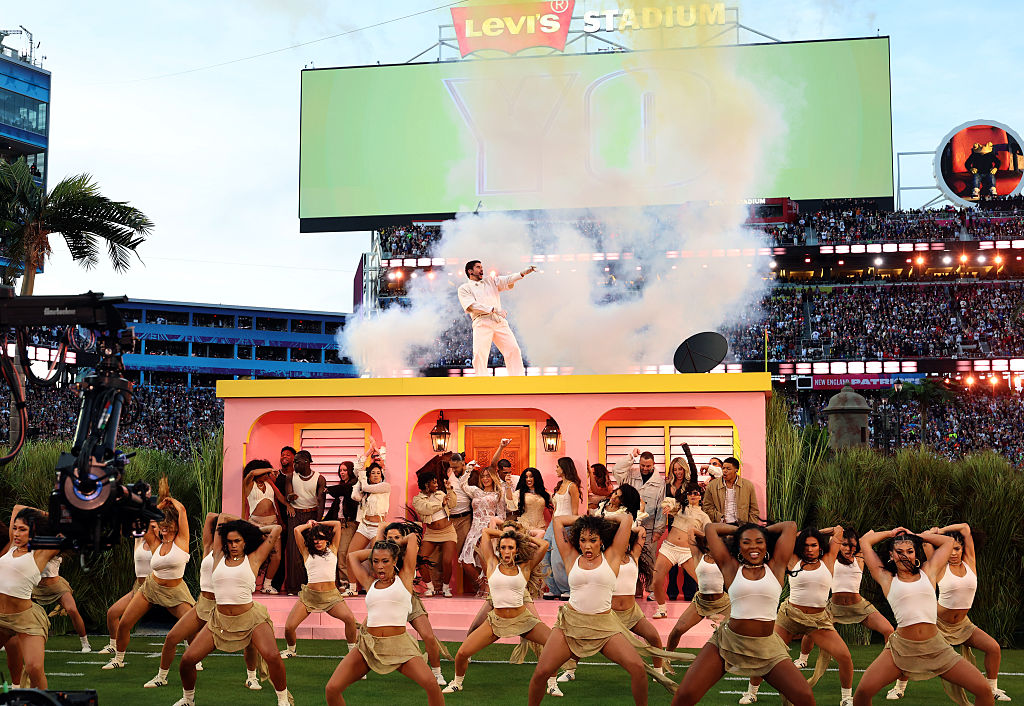 SANTA CLARA, CALIFORNIA - FEBRUARY 08: Bad Bunny performs onstage during the Apple Music Super Bowl LX Halftime Show at Levi's Stadium on February 08, 2026 in Santa Clara, California. (Photo by Kevin Mazur/Getty Images for Roc Nation)