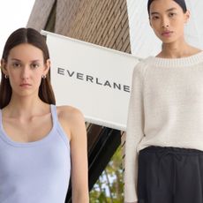 two models wearing everlane basics in front of an everlane store sign