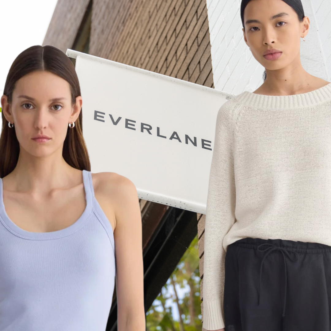 two models wearing everlane basics in front of an everlane store sign