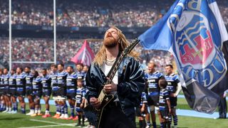 Sam Ryder plays the national anthem ahead of the Gallagher Premiership Rugby Final match between Bath Rugby and Leicester Tigers at Allianz Stadium on June 14, 2025 in London, England