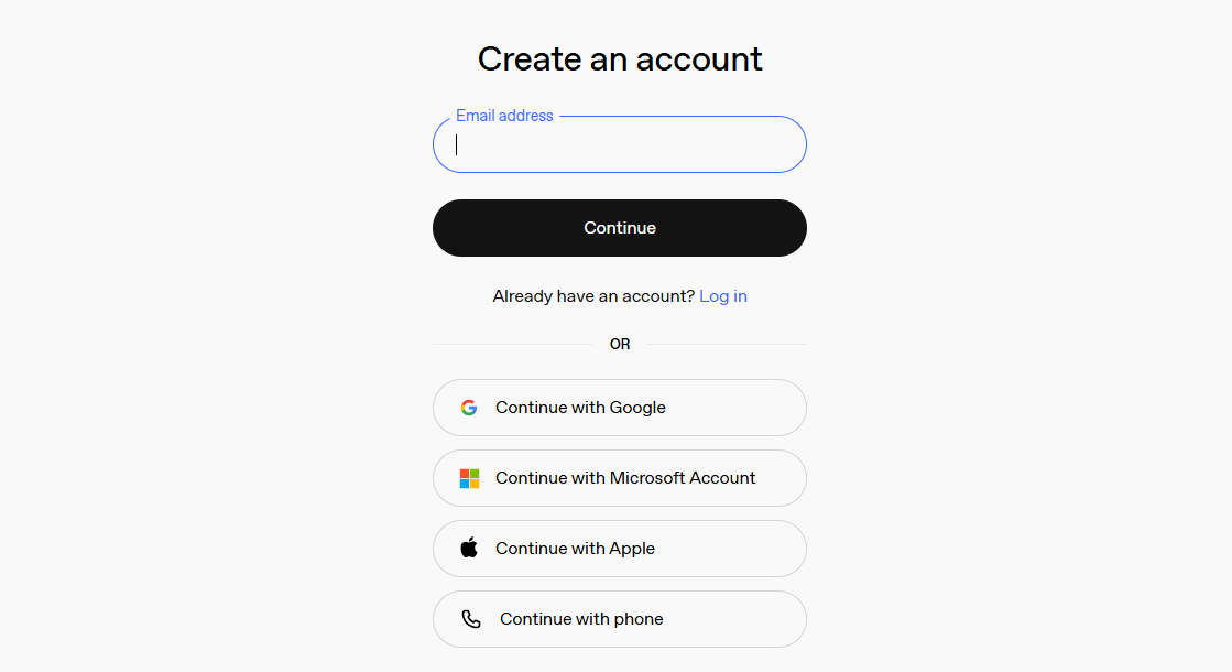ChatGPT screenshot of log in page