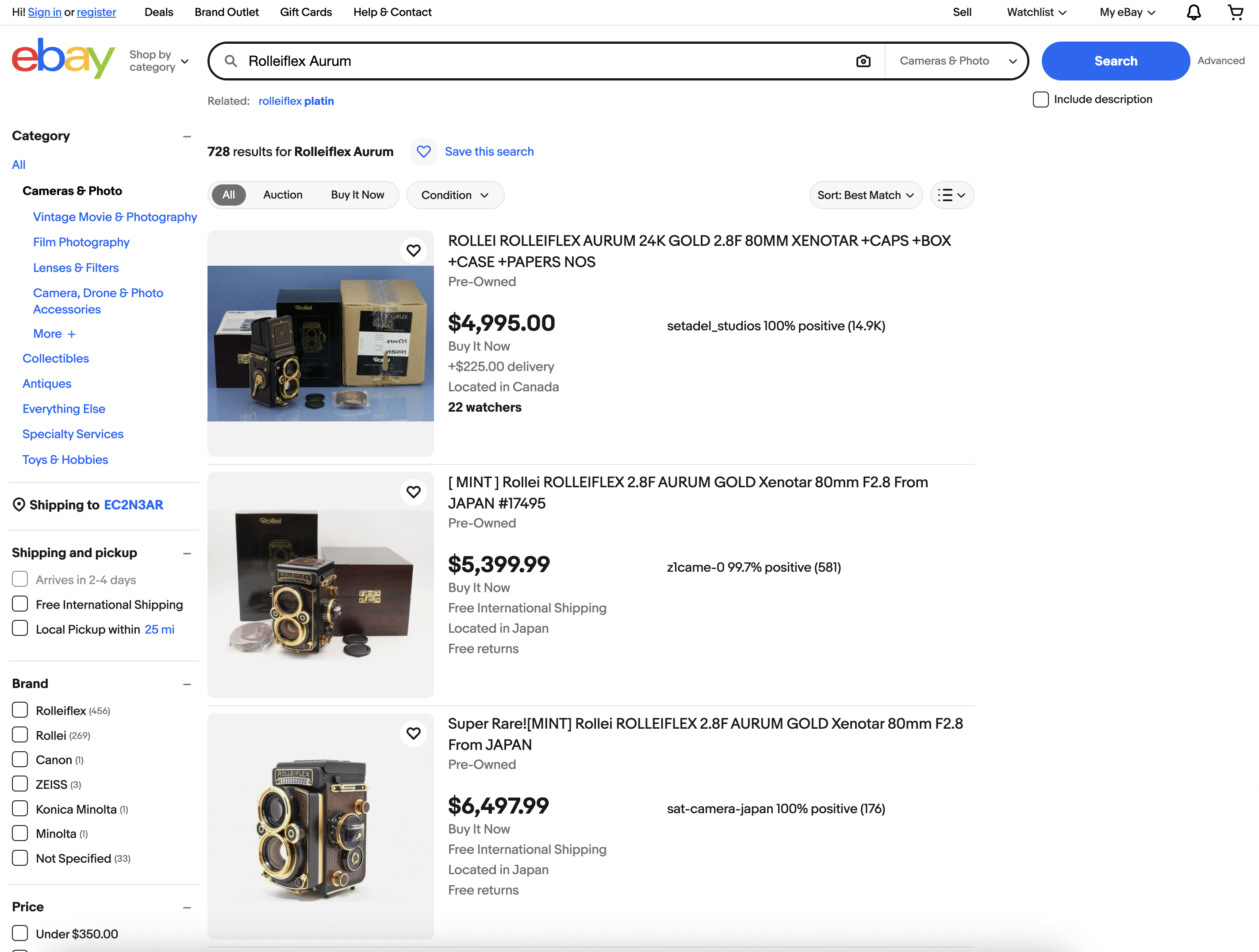 Rolleiflex Aurum listings on eBay