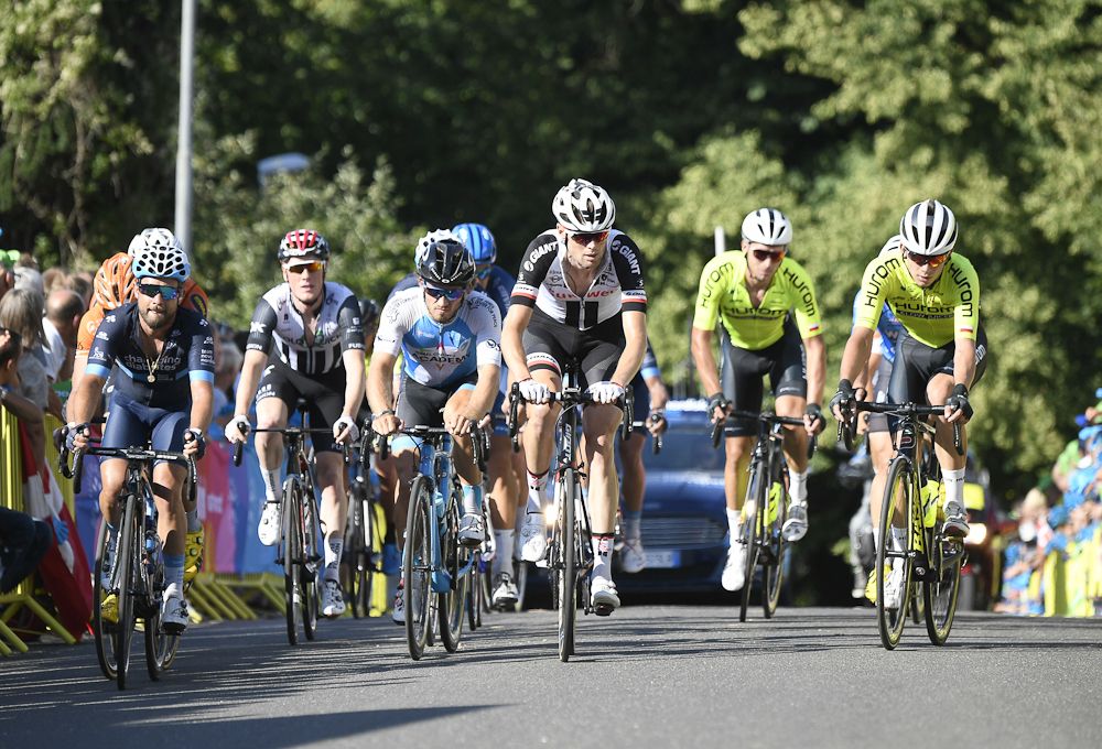 Riders approach the start/finish of stage 2 in Denmark