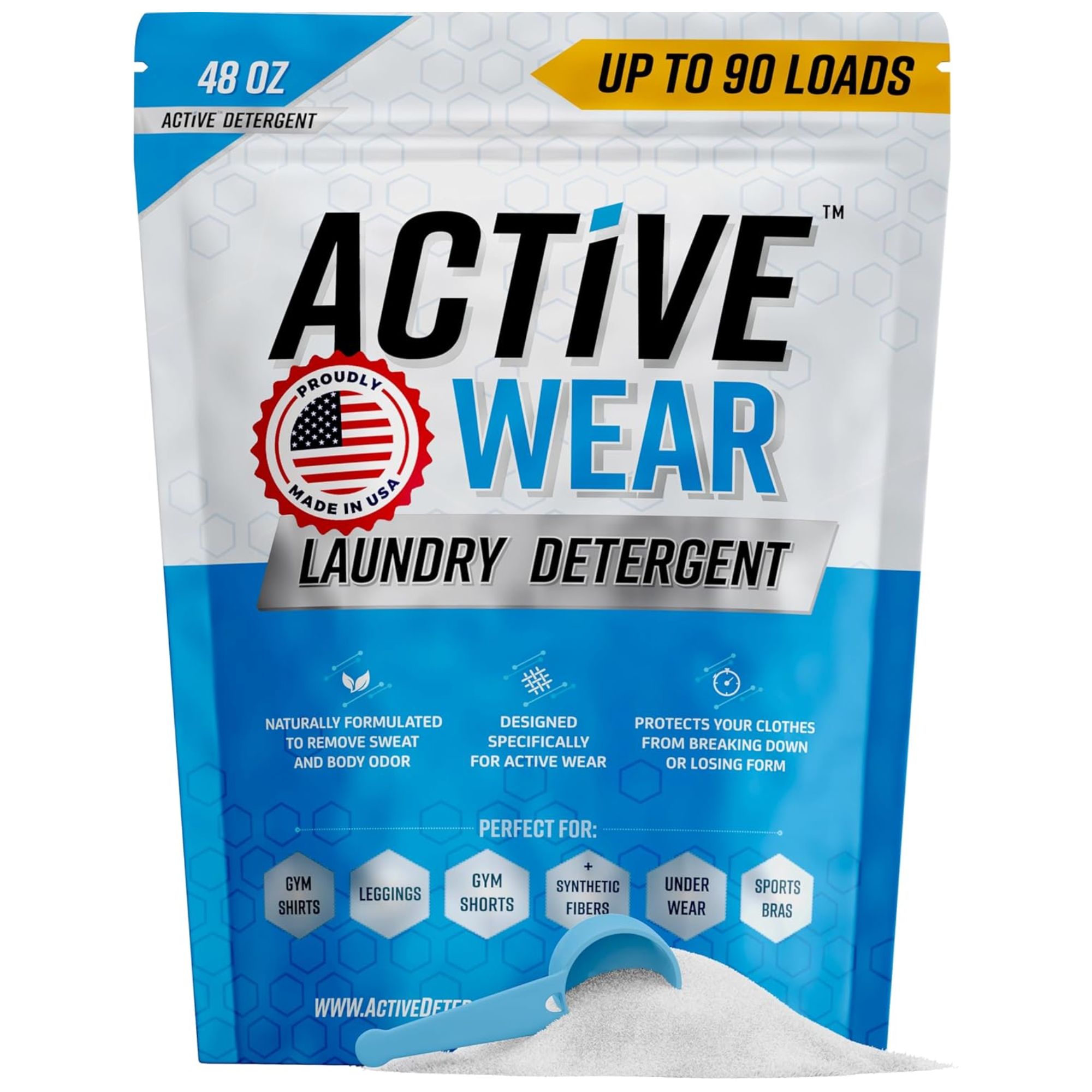A white and blue bag of Win ActiveWear laundry detergent