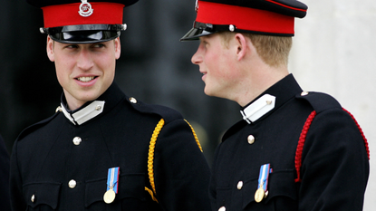 Britain&#039;s Prince William (L) and Prince Harry speak after the Sovereign&#039;s Parade at Sandhurst Military Acadamy, 12 April 2006.