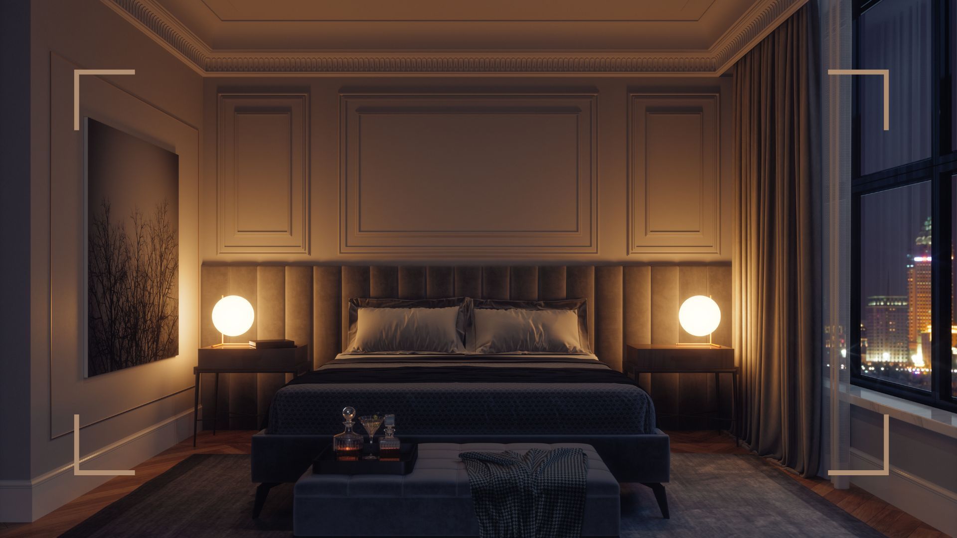 Luxury hotel bedroom at night with dimmed lights and skyline view to show how to make your bedroom feel like a luxury hotel with styling