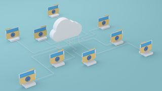 Cartoon cloud connected to nine separate computers shown as folder icons