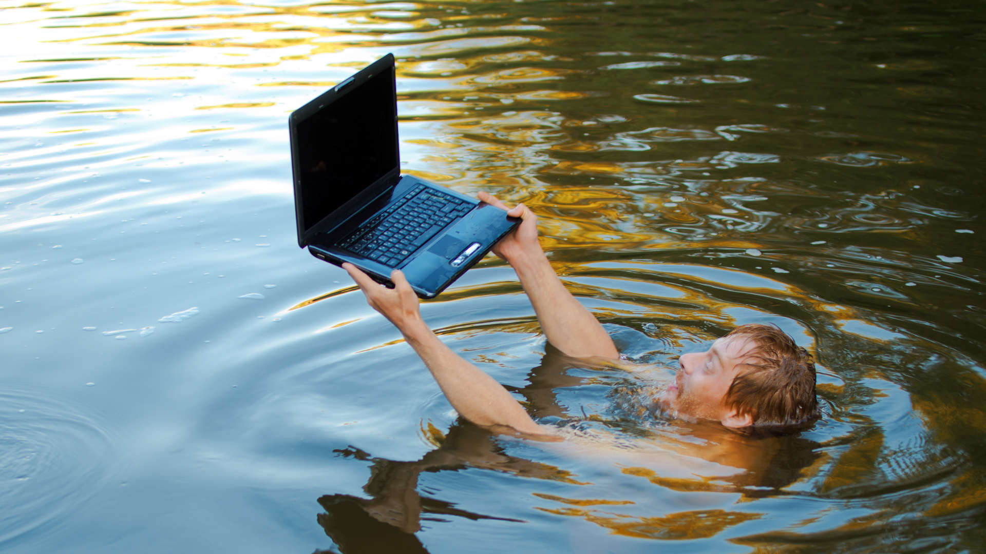 A man submerged in water holding a laptop above the surface.