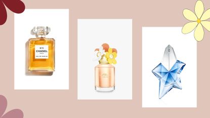 A composite image of three of the best perfume deals on a peach background.