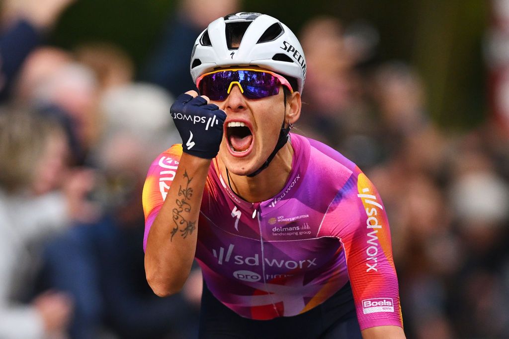 EDE NETHERLANDS OCTOBER 11 Barbara Guarischi of Italy and Team SD Worx Protime celebrates at finish line as stage winner during the 26th Simac Ladies Tour 2024 Stage 4 a 1182km stage from Ede to Ede UCIWWT on October 11 2024 in Ede Netherlands Photo by Luc ClaessenGetty Images