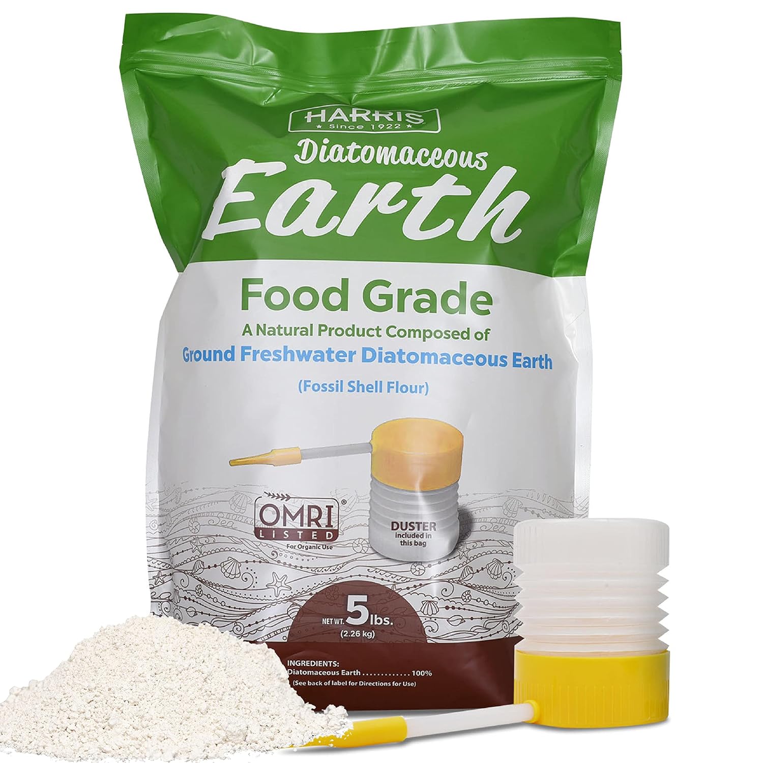 Harris Diatomaceous Earth Food Grade, 5lb With Powder Duster Included in the Bag, Omri Listed Approved for Organic Use