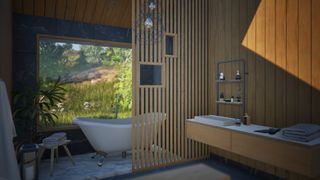Get started in Twinmotion; a render of a designer bathroom