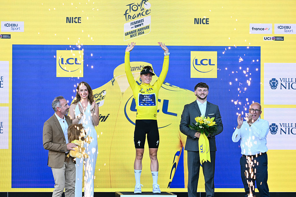 Demi Vollering (FDJ-SUEZ) celebrates victory in the 2026 Tour de France Femmes avec Zwift in Nice. (Photo by NICOLAS TUCAT / AFP via Getty Images)
