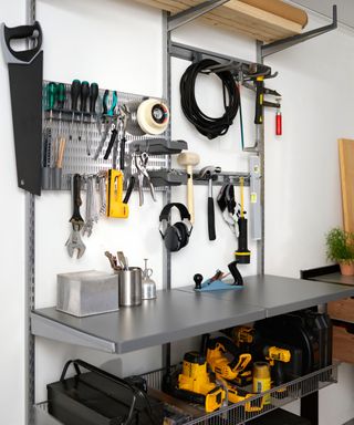metal tool storage with wall mounted racks, shelving and worktop