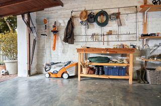 shed storage ideas: stihl lawn mower and tools in shed