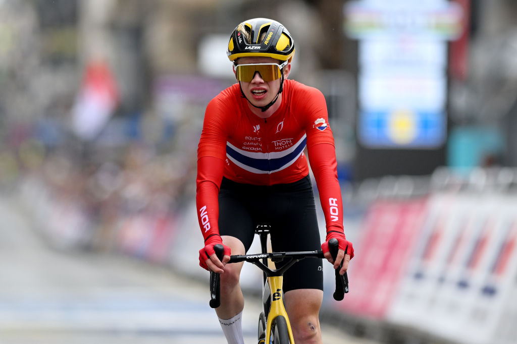 GLASGOW SCOTLAND AUGUST 05 Jrgen Nordhagen of Norway crosses the finish line during the mens junior road race at the 96th UCI Glasgow 2023 Cycling World Championships Day 3 1277km course in Glasgow UCIWWT on August 05 2023 in Glasgow Scotland Photo by Dario BelingheriGetty Images