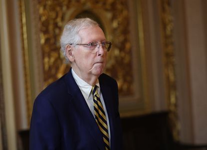 Senate Minority Leader Mitch McConnell (R-KY) walks to a meeting at the U.S. Capitol on February 05, 2024