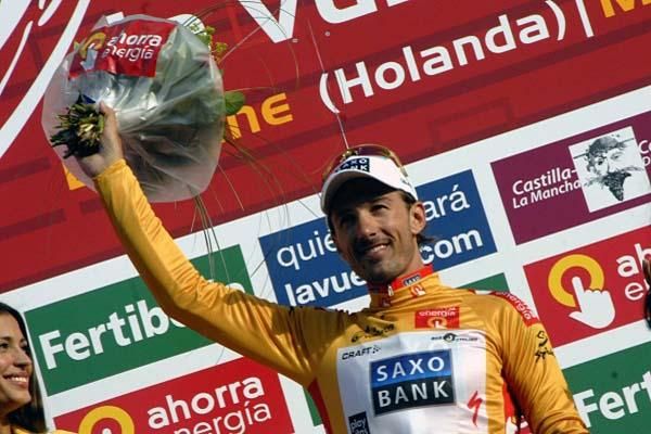 Fabian Cancellara (Saxo Bank) on the podium in gold.
