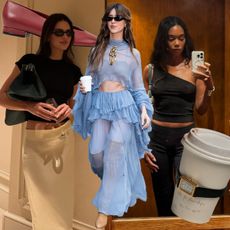 A collage of viral fall 2024 items, including a photo of Kendall Jenner carrying a The Row bag, Daisy Edgar Jones wearing a Chloé boho dress, and Laura Harrier in a one-shoulder Reformation top.