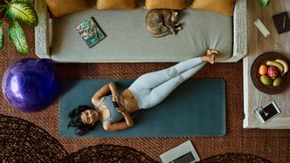 Aerial view of woman lying on yoga mat looking at phone next to couch where a cat is sleeping
