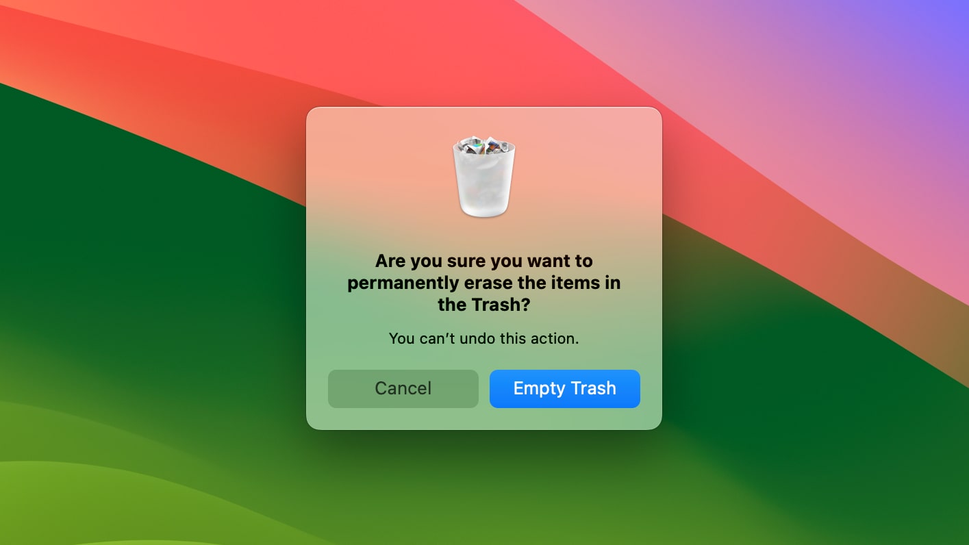 A dialog box in macOS Sonoma prompting a user about emptying their Mac's Trash.