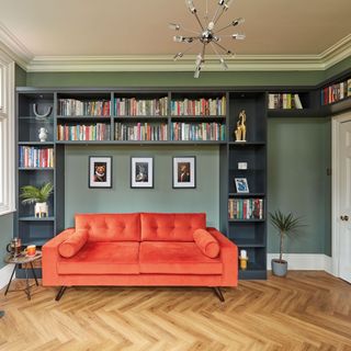 Green living room with bookcase and orange sofa