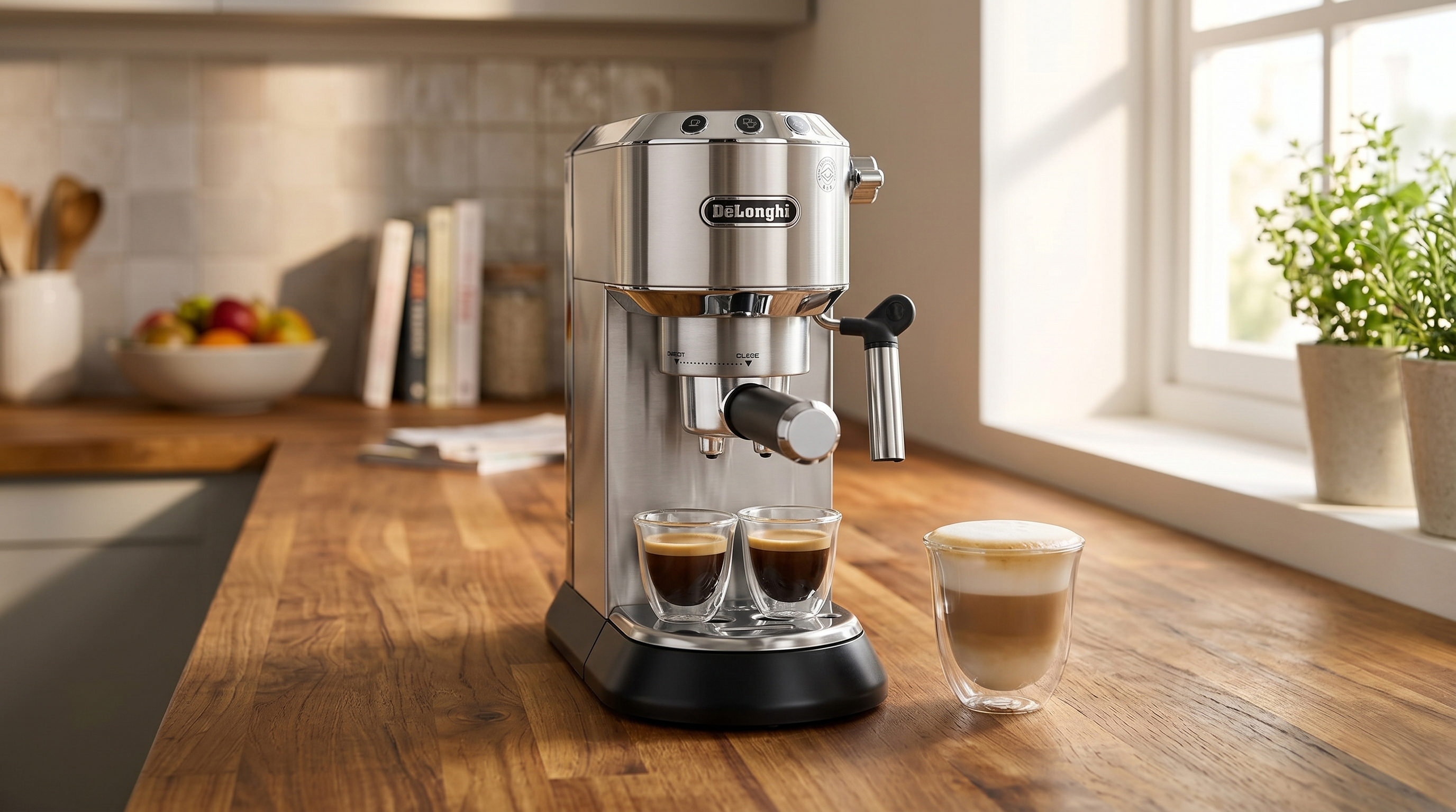 De'Longhi Dedica coffee maker with two shots of espresso and latte, on kitchen counter