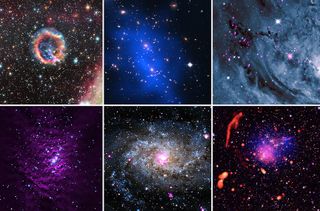 The Chandra X-ray Observatory captured these stunning views of the cosmos to light up the holidays. They are. Top row (from top left): the supernova remnant E0102-72.3; galaxy cluster Abell 370; the Lagoon Nebula (Messier 8). Bottom row (left to right): the Orion Nebula; the Triangulum Galaxy (Messier 33); and Abell 2744, a collision of four massive galaxies.