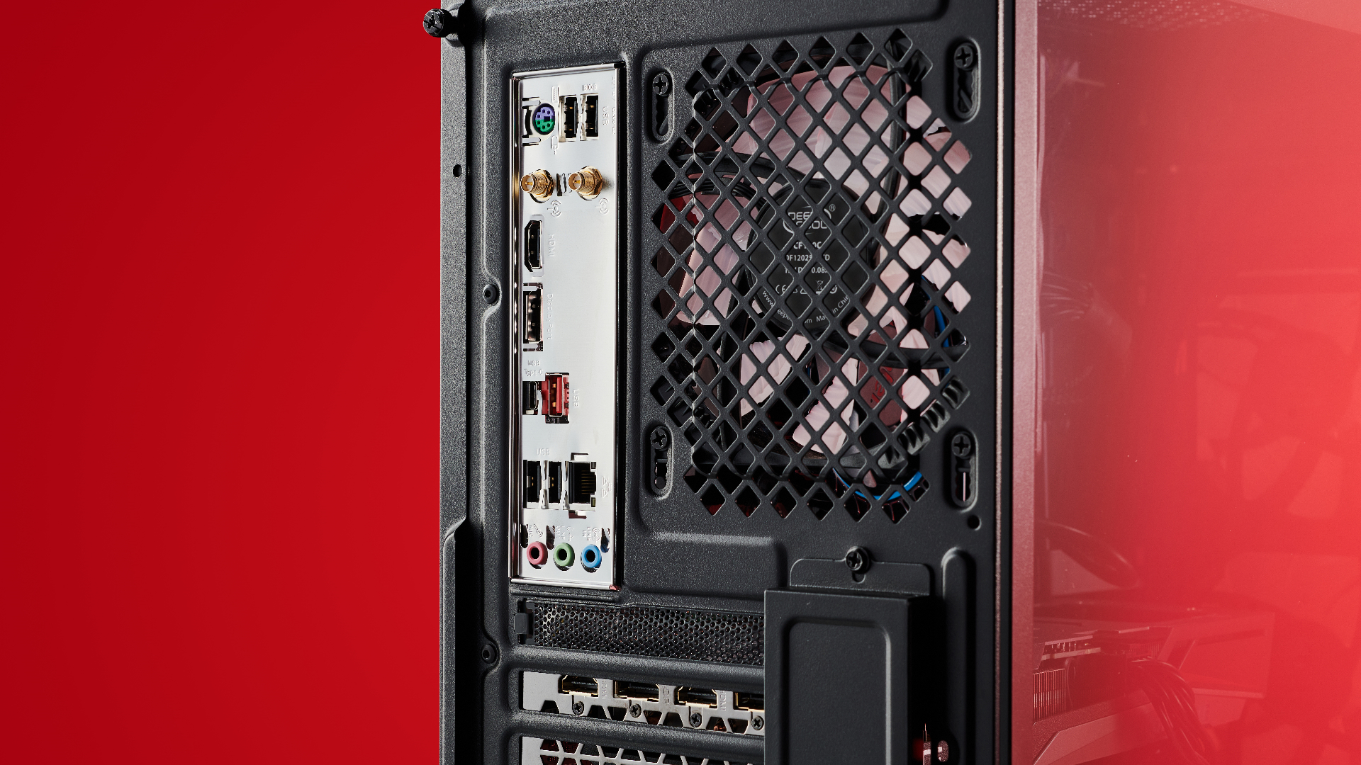 The back ports of the ABS gaming PC are shown in red.