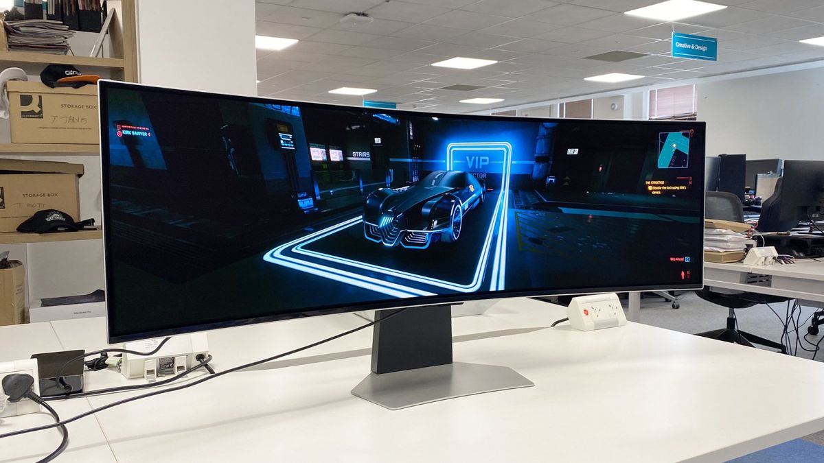 Samsung Odyssey OLED G9 displaying a darker scene from Cyberpunk 2077