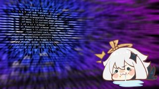 Some code in purple and white whooshing away from the screen. A genshin impact emoticon with the character Paimon being surprised by the wooshing is in the corner.