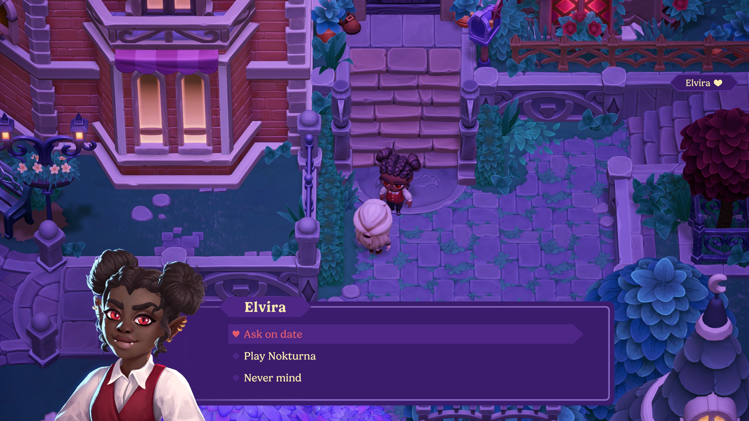 Moonlight Peaks - interaction options with Elvira showing "Ask on date"