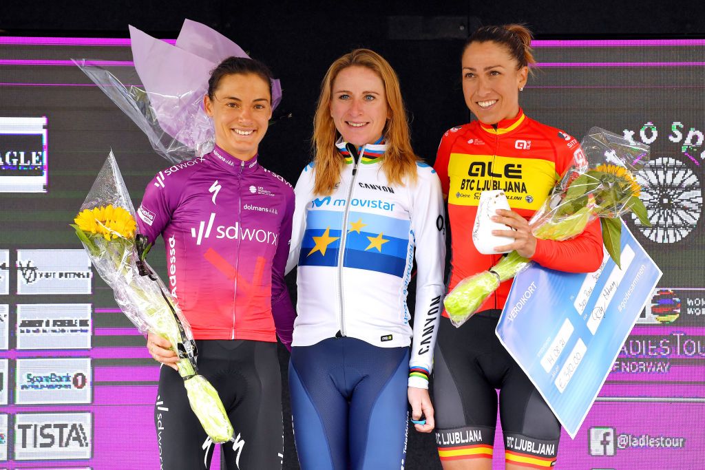 NOREFJELL NORWAY AUGUST 14 LR Ashleigh Moolman Pasio of South Africa and Team SD Worx on second place stage winner Annemiek Van Vleuten of Netherlands and Movistar Team Women and Margarita Victoria Garcia Caellas of Spain and Team Ale Btc Ljubljana on third place pose on the podium during the podium ceremony after the 7th Ladies Tour Of Norway 2021 Stage 3 a 145k stage from Drammen to Norefjell 791m LTourOfNorway LTON21 UCIWWT on August 14 2021 in Norefjell Norway Photo by Luc ClaessenGetty Images