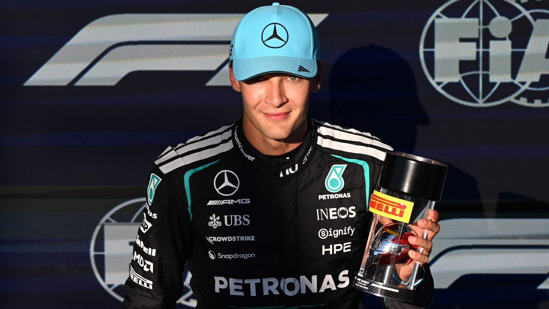 Mercedes driver George Russell celebrates taking pole for the 2026 Canadian GP Sprint