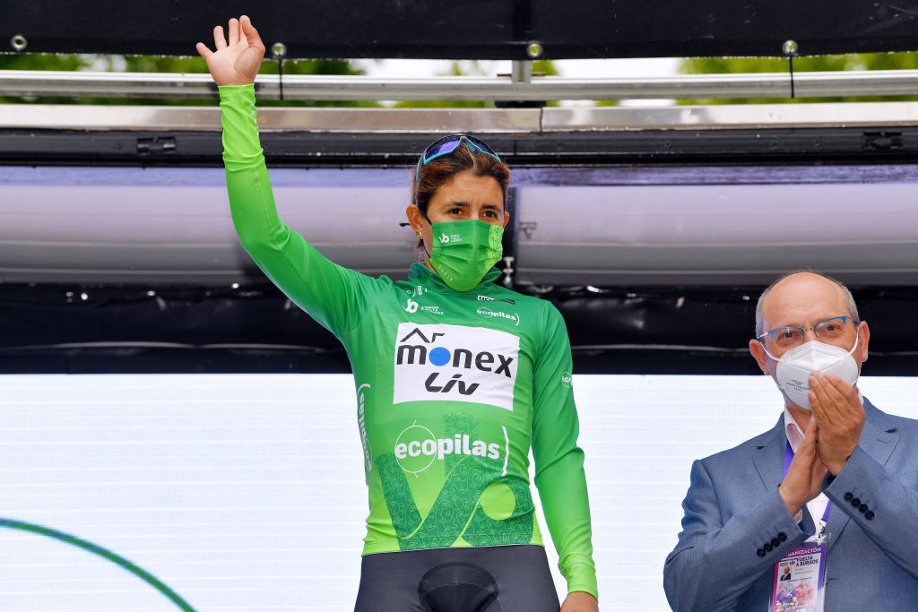 VILLARCAYO SPAIN MAY 21 Arlenis Sierra Caadilla of Cuba and AR Monex Womens Pro Cycling Team Green Points Jersey celebrates at podium during the 6th Vuelta A Burgos Feminas 2021 Stage 2 a 97km stage from Pedrosa de Valdeporres to Villarcayo VueltaBurgos BurgosFem UCIWWT on May 21 2021 in Villarcayo Spain Photo by Luc ClaessenGetty Images