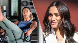 a photo of a woman doing pilates and a photo of Meghan Markle