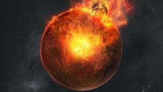 An illustration showing a red planet breaking apart, revealing its glowing liquid core
