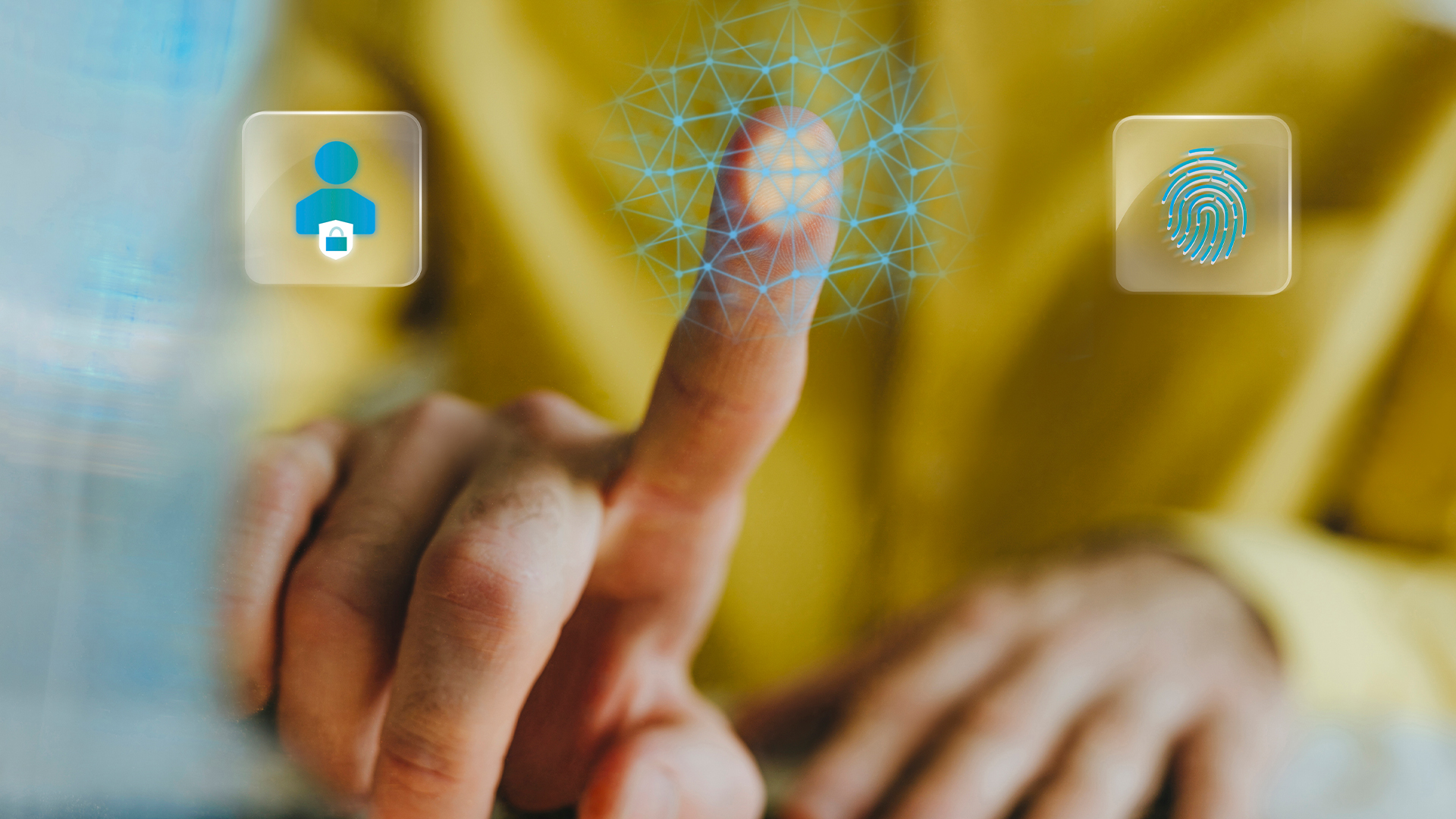 A person holds their finger to an invisible screen, lighting up a blue grid, with a fingerprint and a contacts icon hovering next to their finger