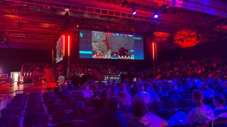 A shot of the crowd and screens and stage of the CS2 tournament at Logitech G Play 2026, Warsaw, Poland.