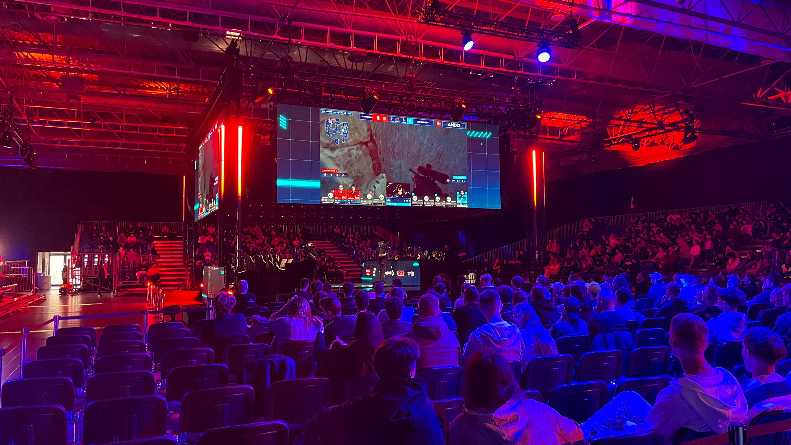 A shot of the crowd and screens and stage of the CS2 tournament at Logitech G Play 2026, Warsaw, Poland.