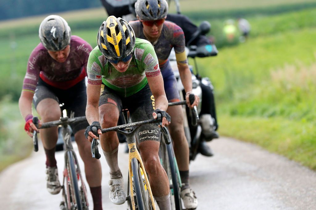 SWEIKHUIZEN NETHERLANDS AUGUST 28 Marianne Vos of Netherlands and Team Jumbo Visma green points jersey competes in the breakaway during the 23rd Simac Ladies Tour 2021 Stage 4 a 1489km stage from Geleen to Sweikhuizen SLT2021 UCIWWT on August 28 2021 in Sweikhuizen Netherlands Photo by Bas CzerwinskiGetty Images