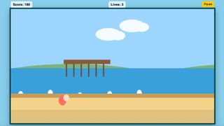 Very basic prototype of platform game featuring a egghead character moving along a beach with a pier