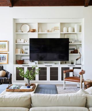 Beach house living room with TV and shelving