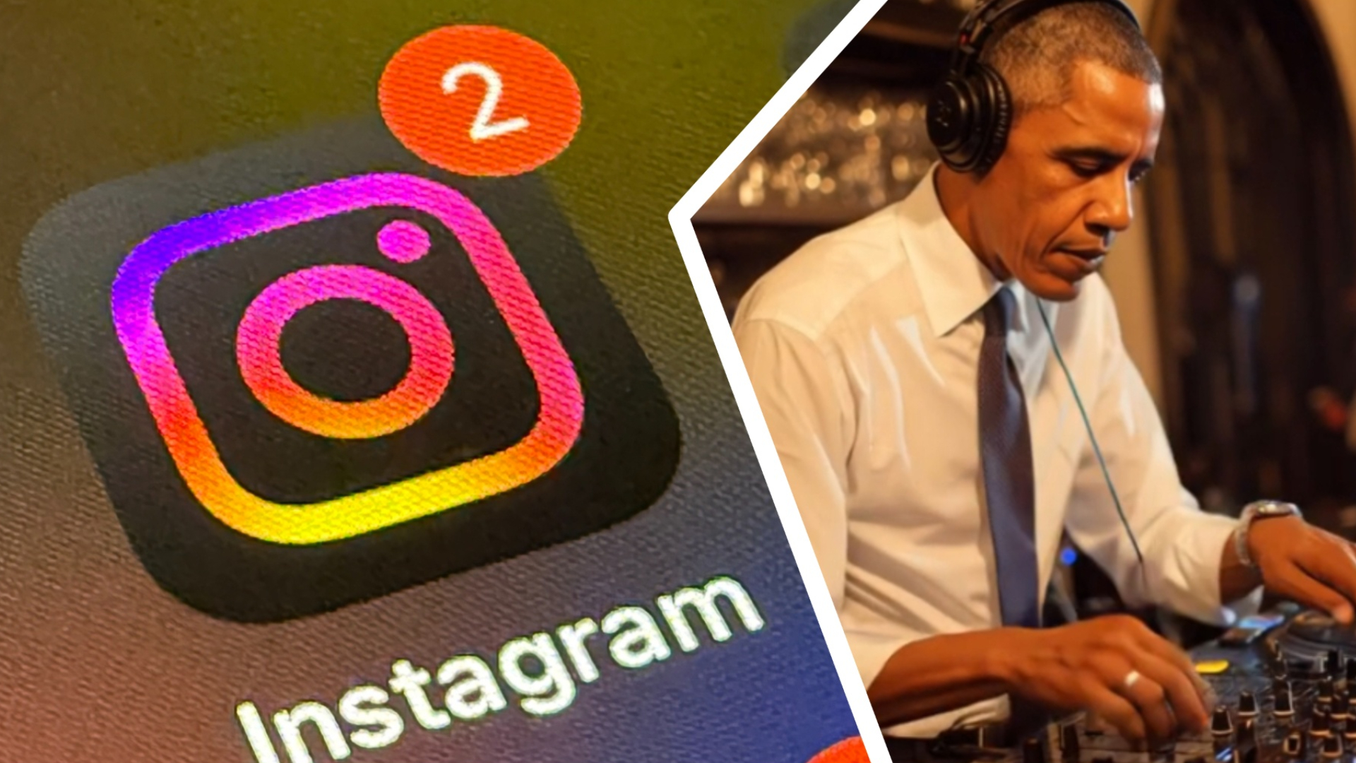 Composite image: Instagram logo on left, AI-generated Barack Obama DJing on right