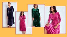 four models hots wearing boden velvet dress
